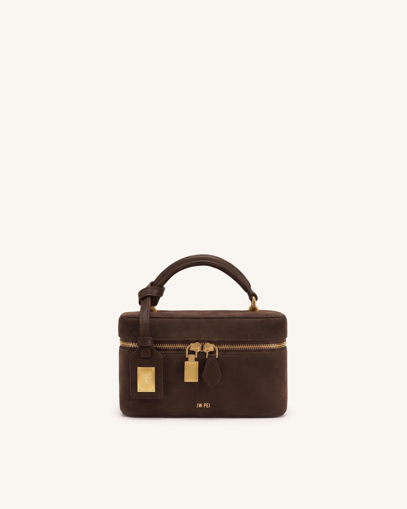 Cleo Faux Suede Box Shape Top Handle Bag - Dark Brown