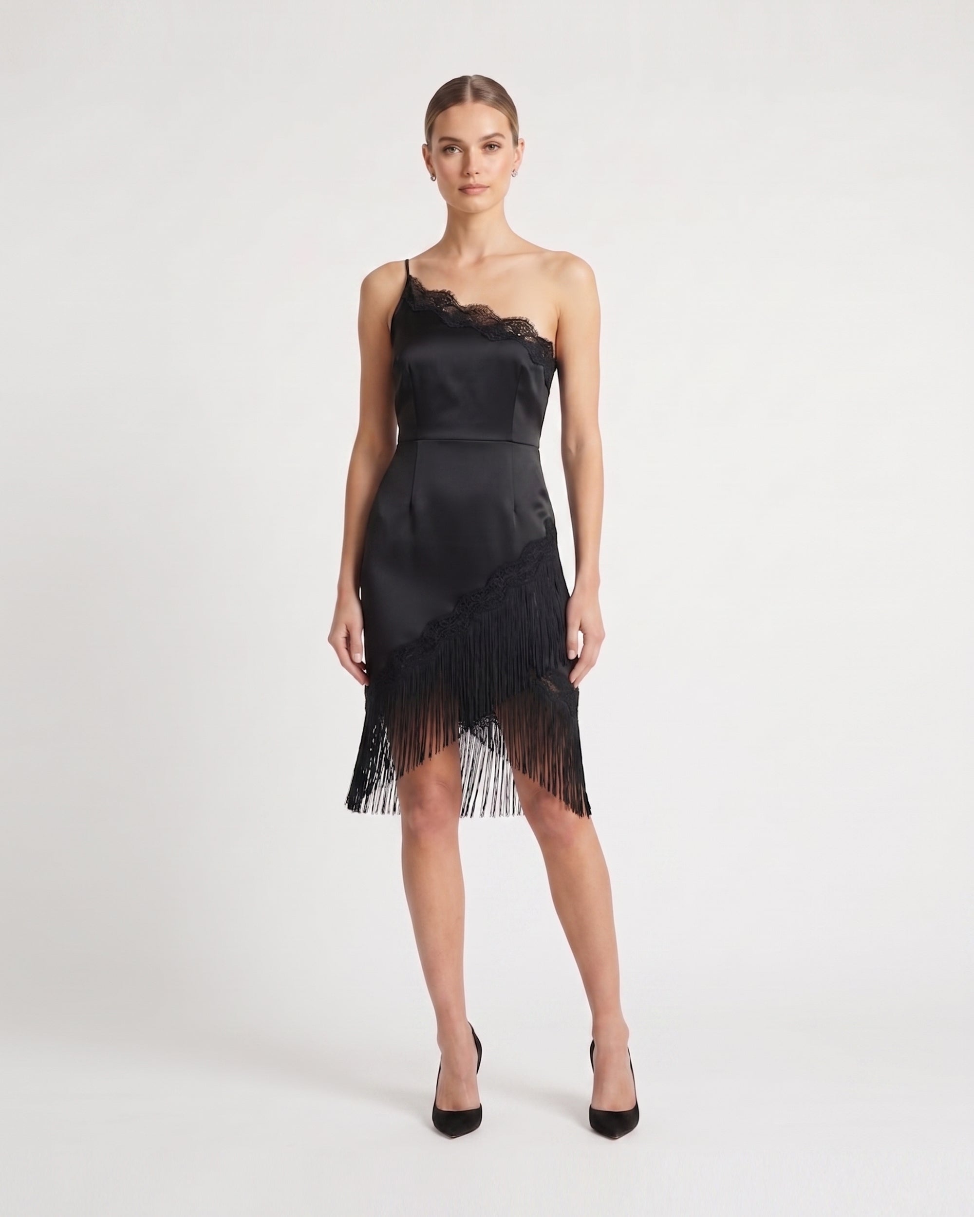 One Shoulder Lace Fringe Satin Midi Dress - Black