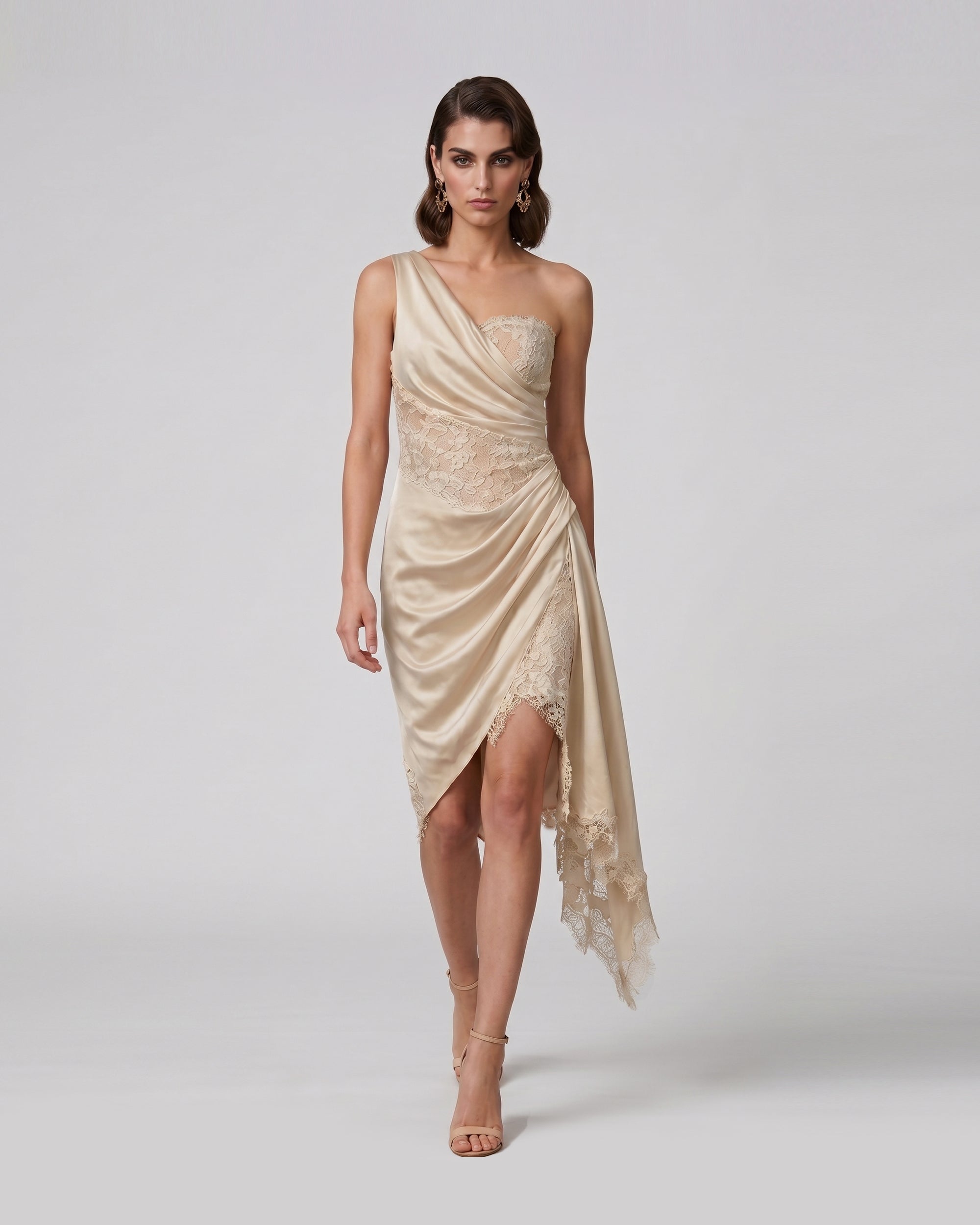 Draped Satin Lace One Shoulder Midi Dress - Champagne