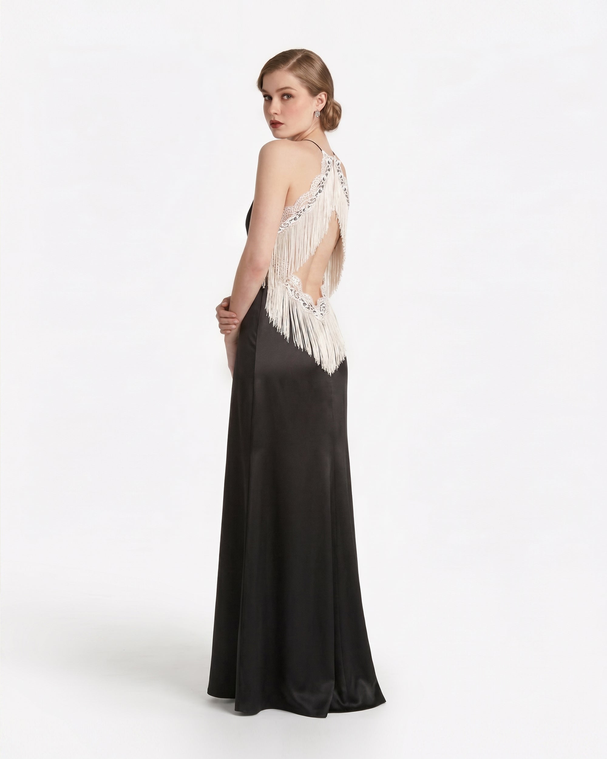 Fringe Back Lace Halter Satin Maxi Dress - Black