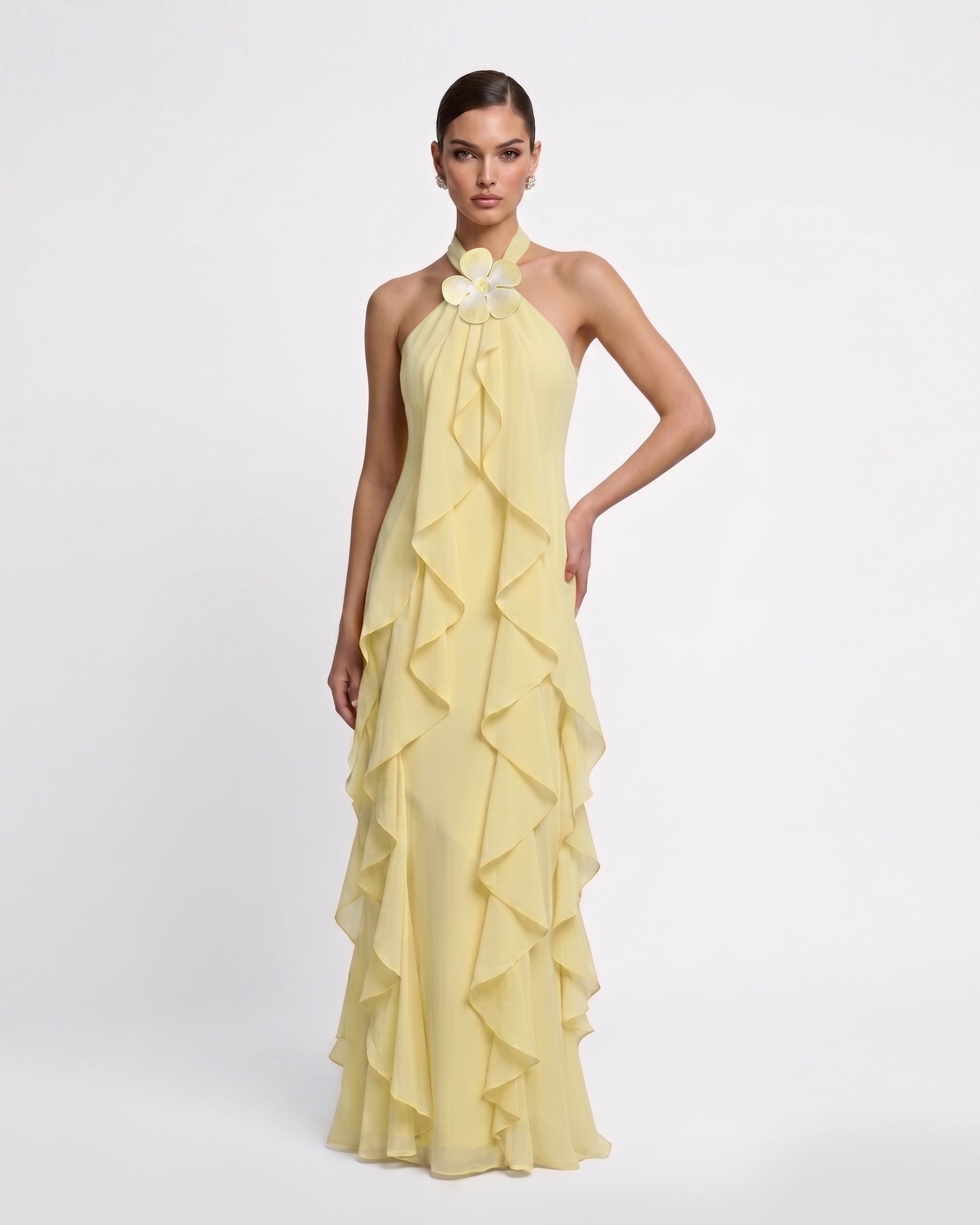 Floral Appliqué Ruffle Halter Chiffon Maxi Dress - Yellow 8