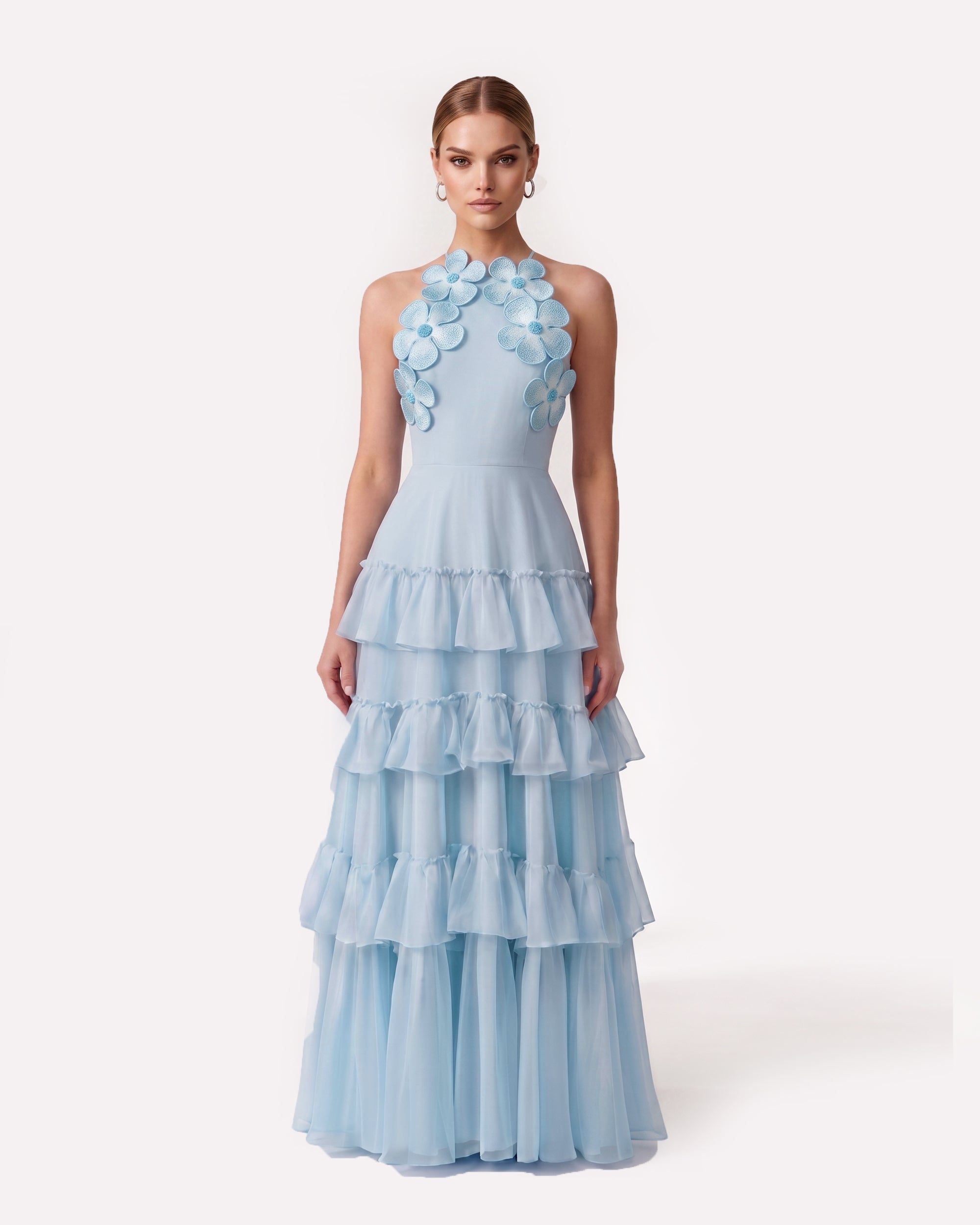 3D Floral Tiered Ruffle Chiffon Maxi Dress - Blue