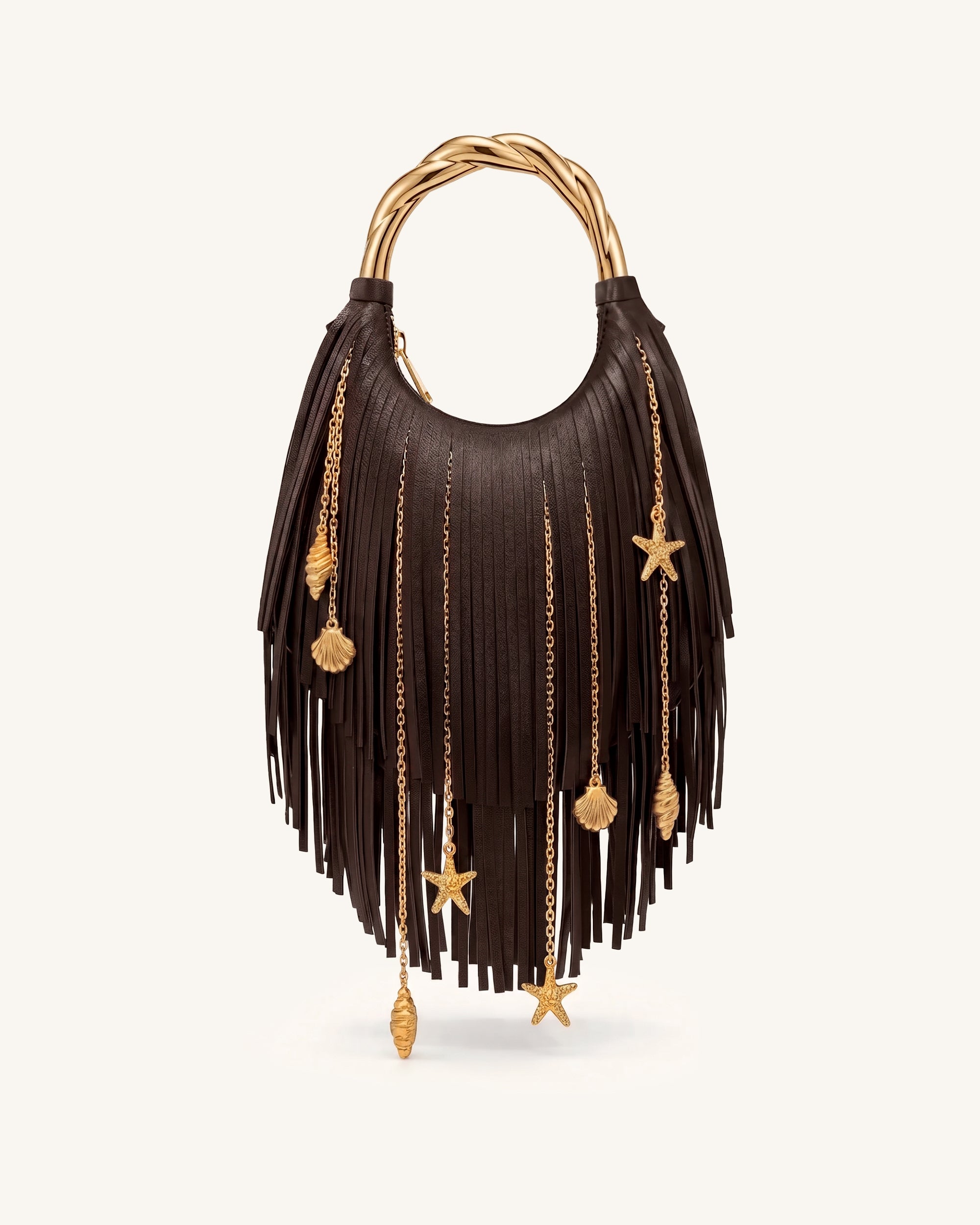 Chloe Metal Handle Fringe Top Handbag - Dark Brown