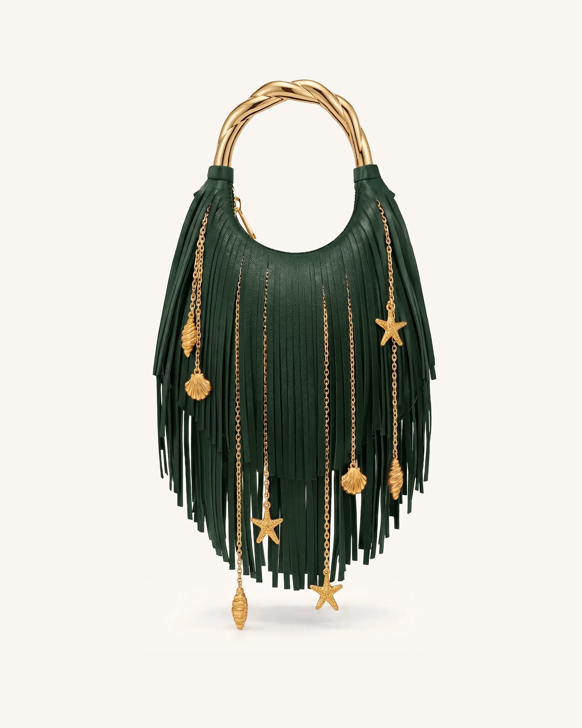 Chloe Metal Handle Fringe Top Handbag - Forest Green