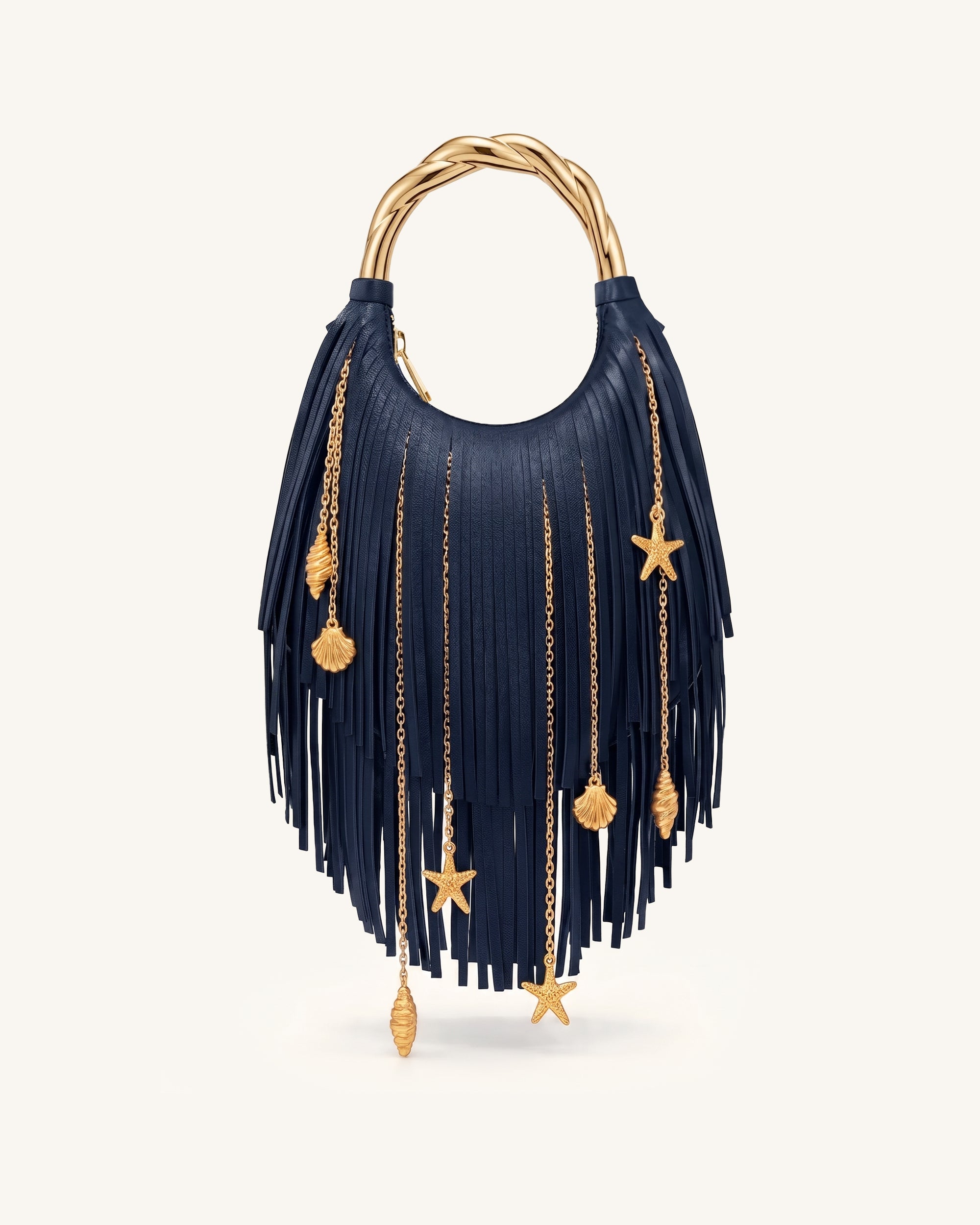 Chloe Metal Handle Fringe Top Handbag - Navy Blue | JW PEI