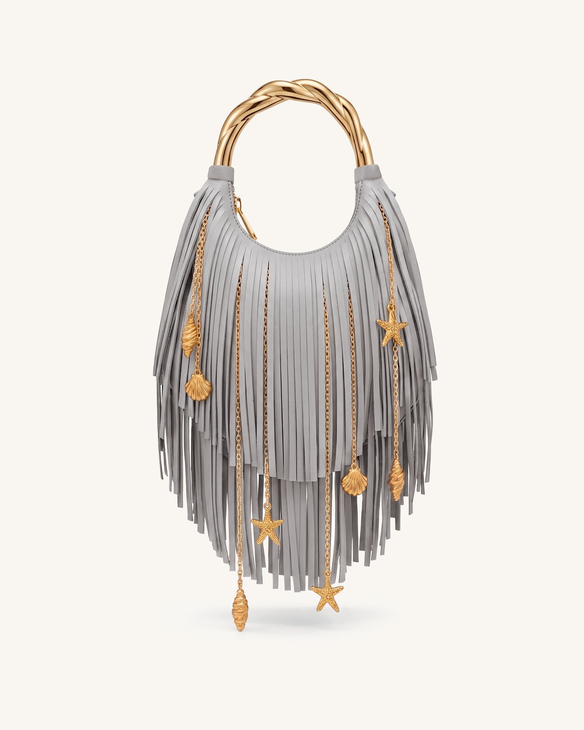 Chloe Metal Handle Fringe Top Handbag - Grey
