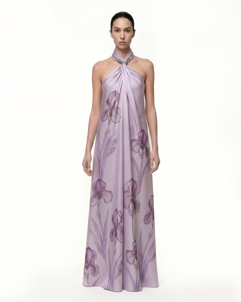 Jeweled Halter Iris Print Maxi Dress - Lavender