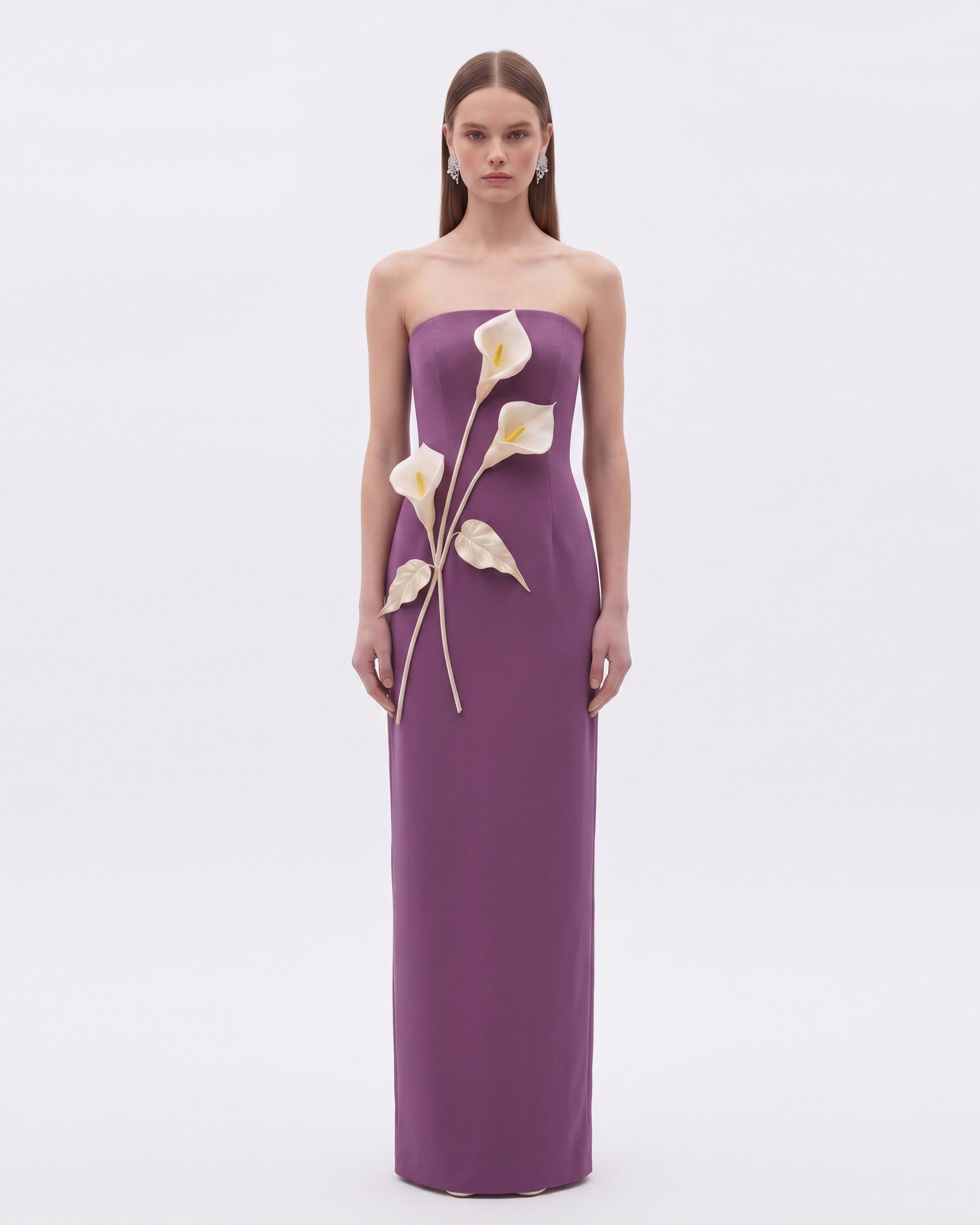 Floral Appliqué Strapless Dress - Plum
