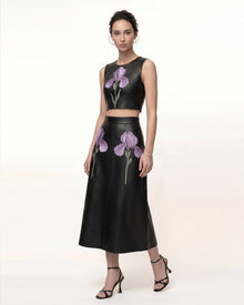 Iris Floral-Print Cropped Leather Top - Black