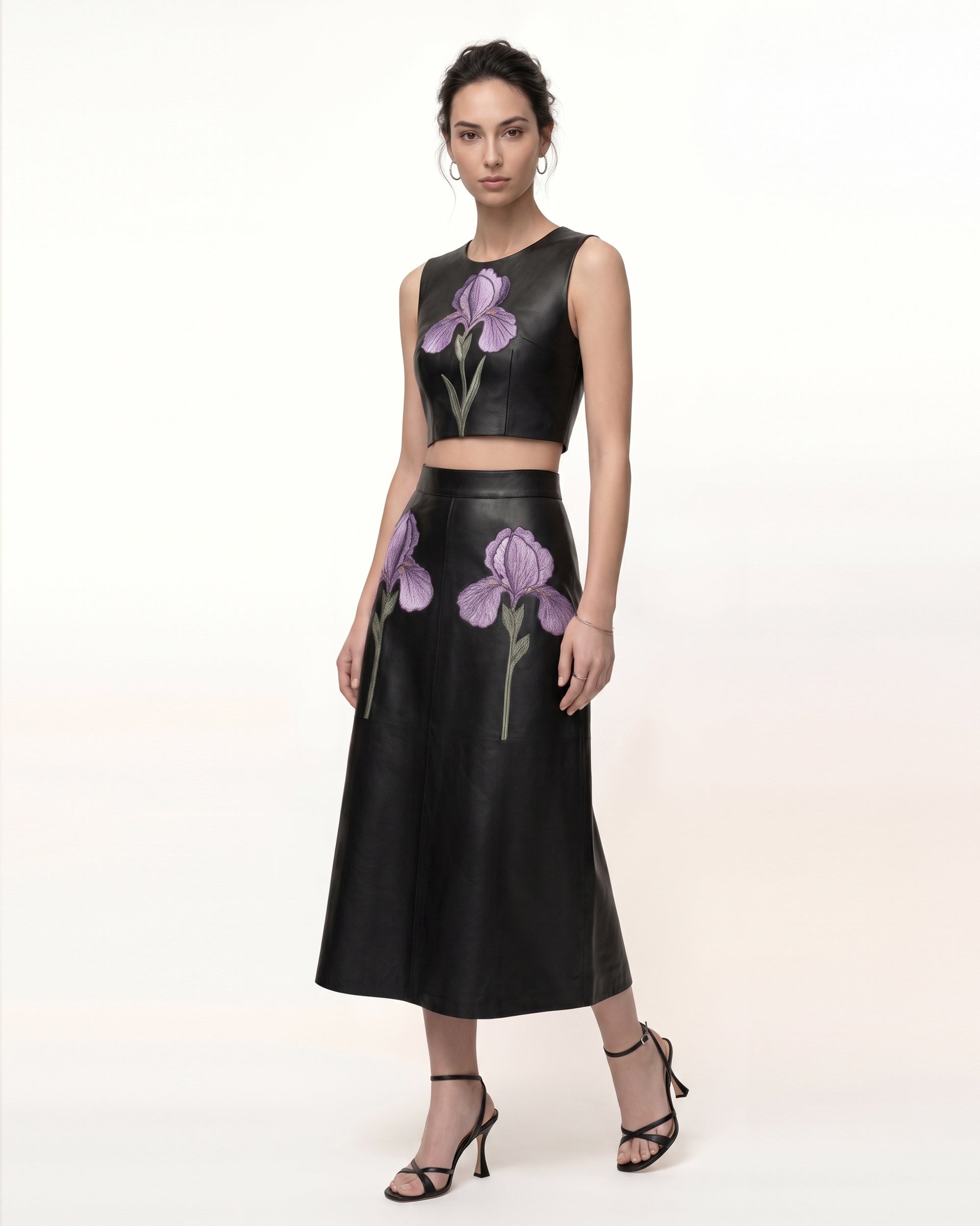 Iris Floral-Print A-Line Leather Midi Skirt - Black