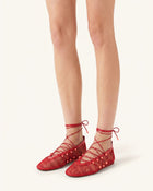 Aurelia Mesh Lace-Up Ballet Flats - Red