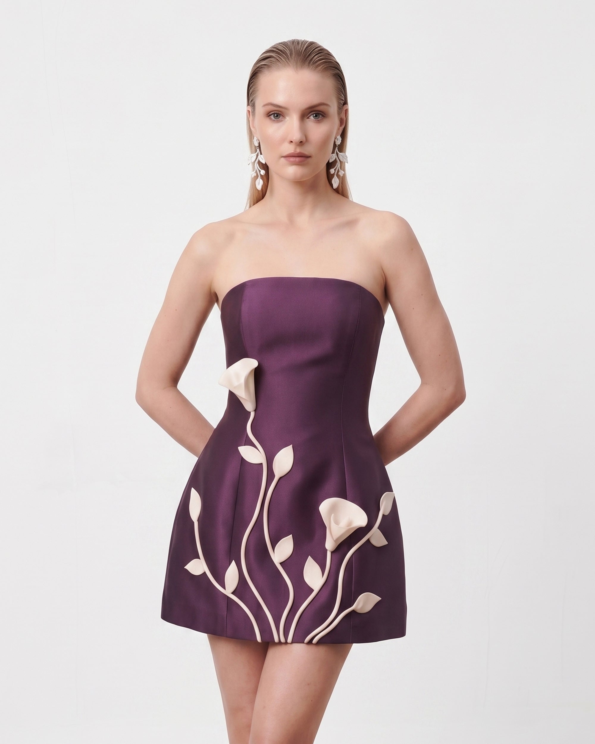 3D Vine Floral Strapless Mini Dress - Plum