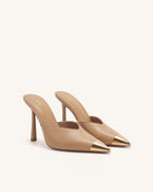 Savannah Metal Cap Toe Pointed Mule Heels - Khaki