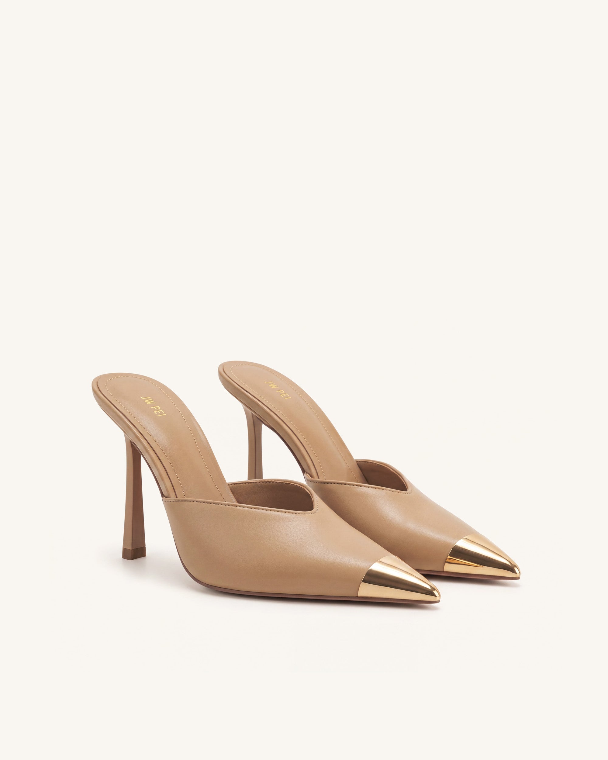 Savannah Metal Cap Toe Pointed Mule Heels - Khaki
