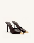 Savannah Metal Cap Toe Pointed Mule Heels - Dark Brown