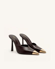 Savannah Metal Cap Toe Pointed Mule Heels - Dark Brown