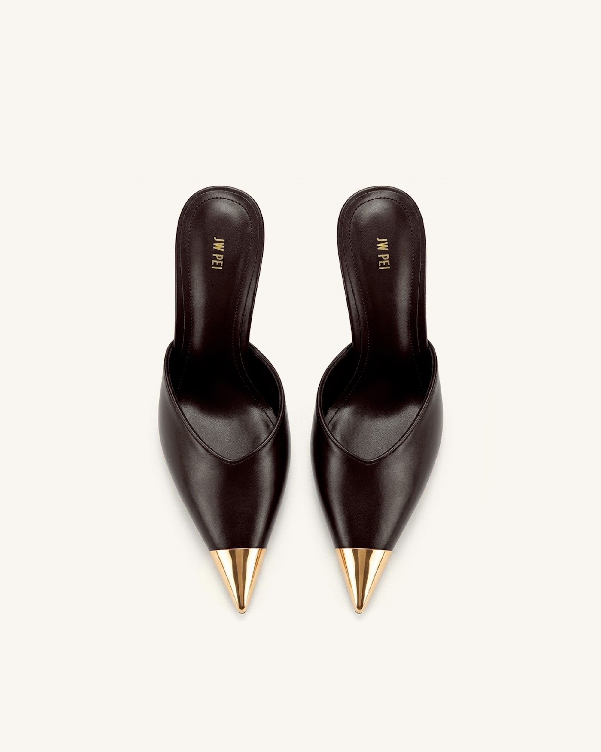 Savannah Metal Cap Toe Pointed Mule Heels - Dark Brown