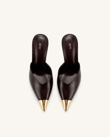 Savannah Metal Cap Toe Pointed Mule Heels - Dark Brown