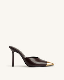 Savannah Metal Cap Toe Pointed Mule Heels - Dark Brown