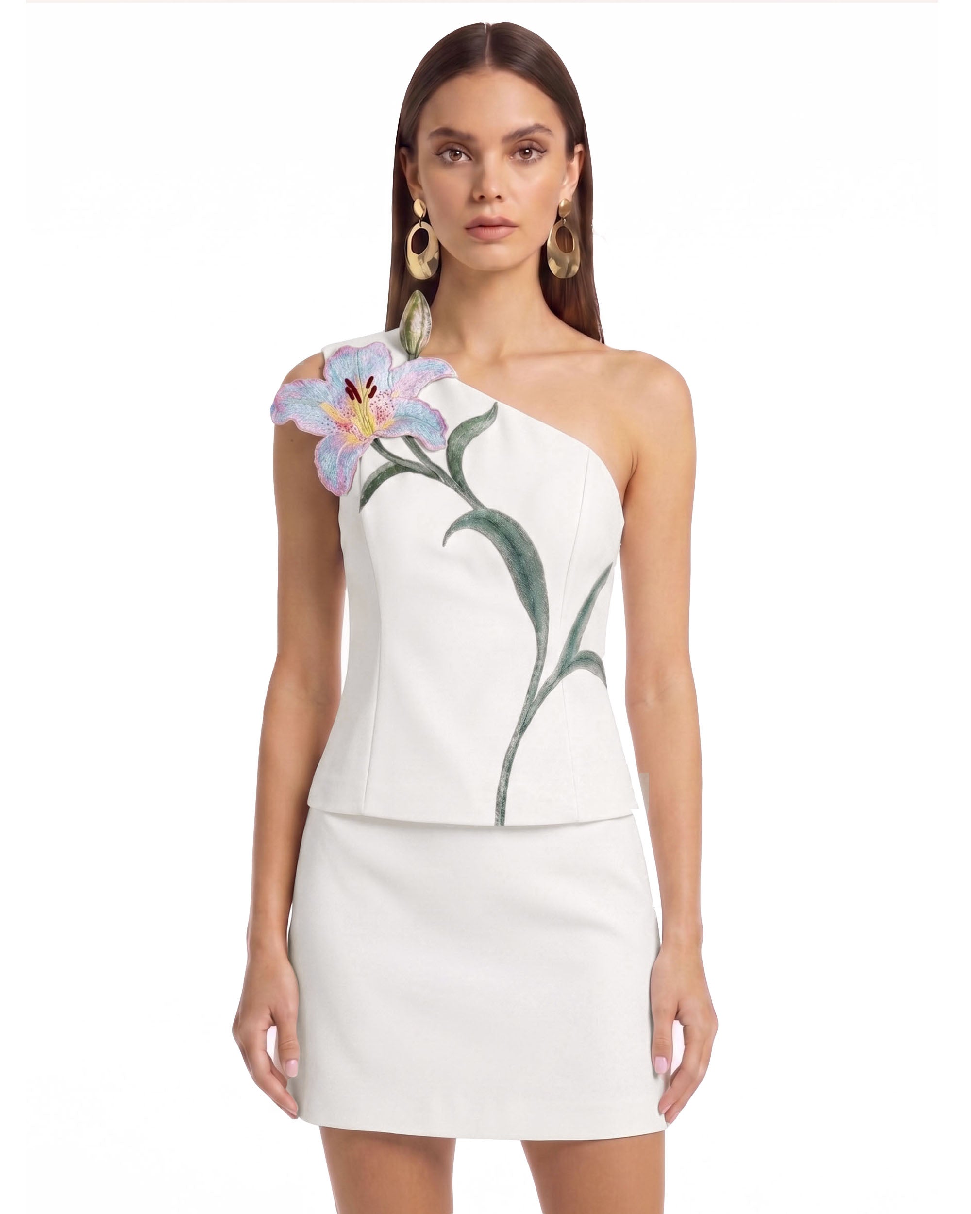 Lily Floral Embroidered One Shoulder Structured Top - Ivory