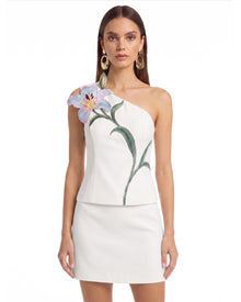 Lily Floral Embroidered One Shoulder Structured Top - Ivory