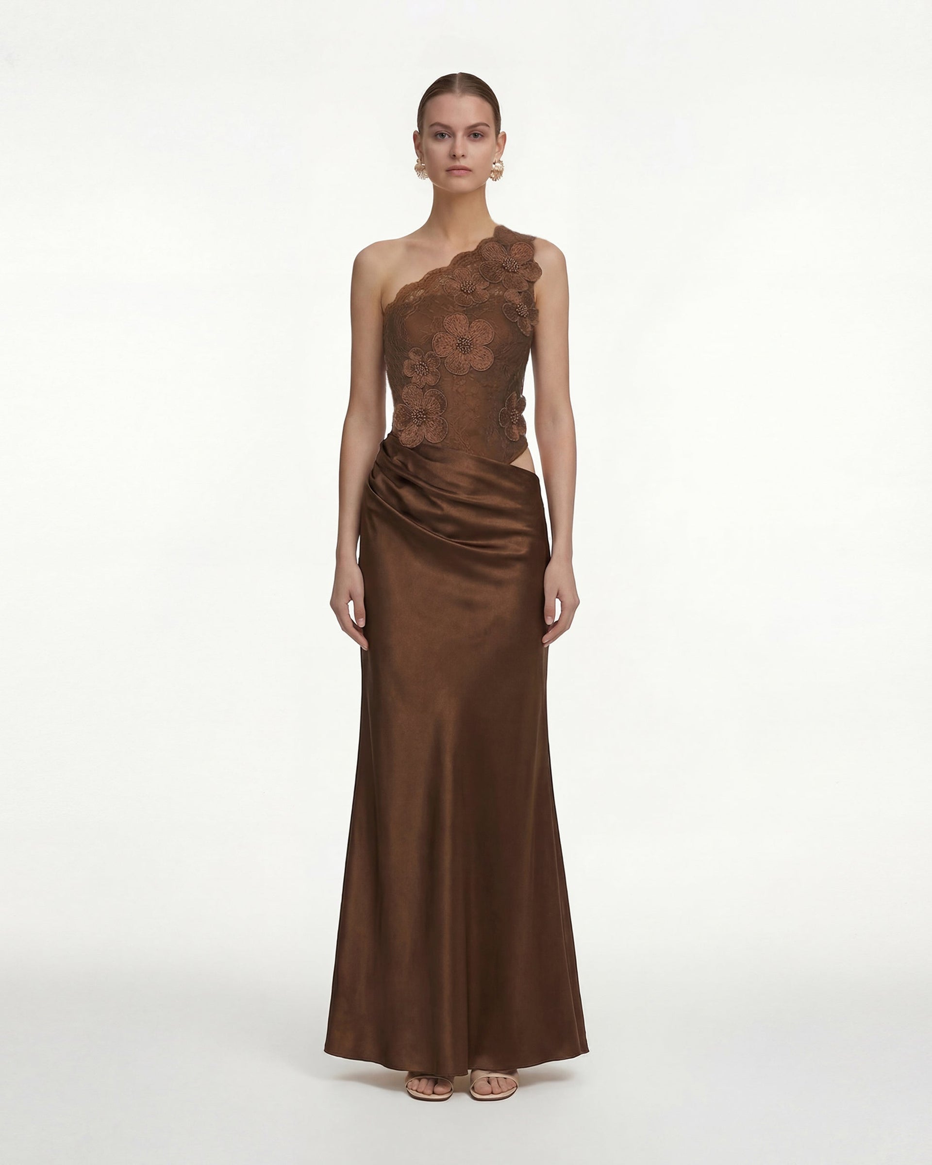 brown satin one shoulder dress One Shoulder Drape Satin Bridesmaid Dress