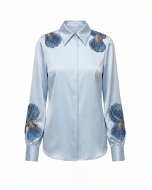 Iris Embroidered Collared Long Sleeve Shirt - Light Blue