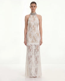 Jeweled Lace Halter Dress - White