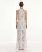 Jeweled Lace Halter Dress - White