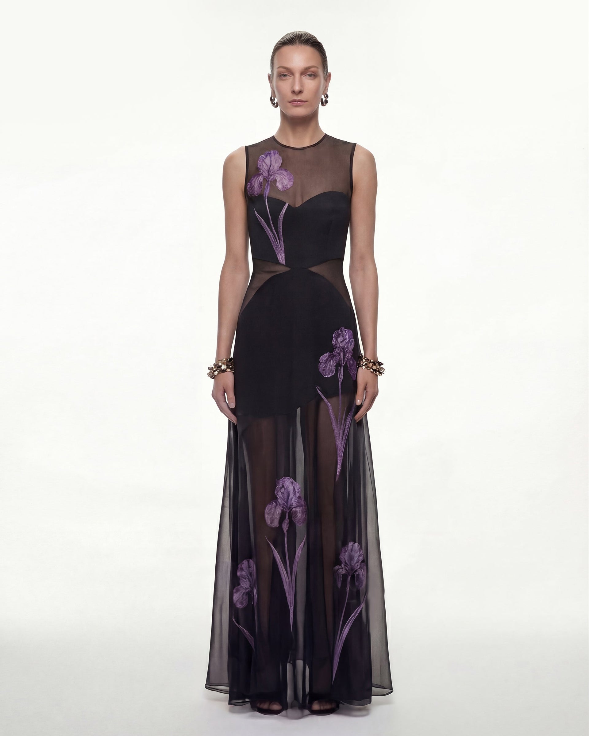 Sheer Floral Print Paneled Maxi Dress