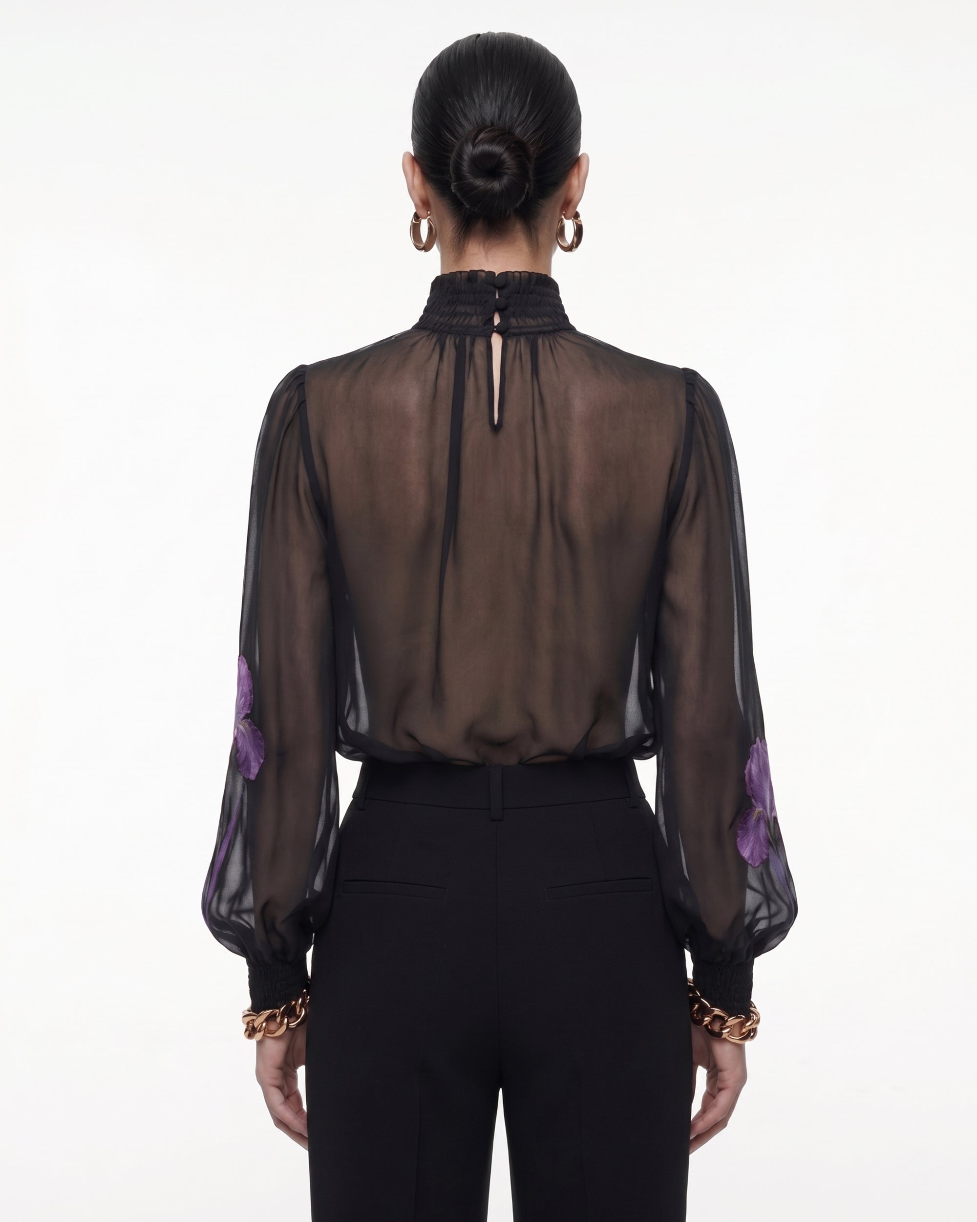 Iris Print Sheer High Neck Blouse - Black/Purple | JW PEI