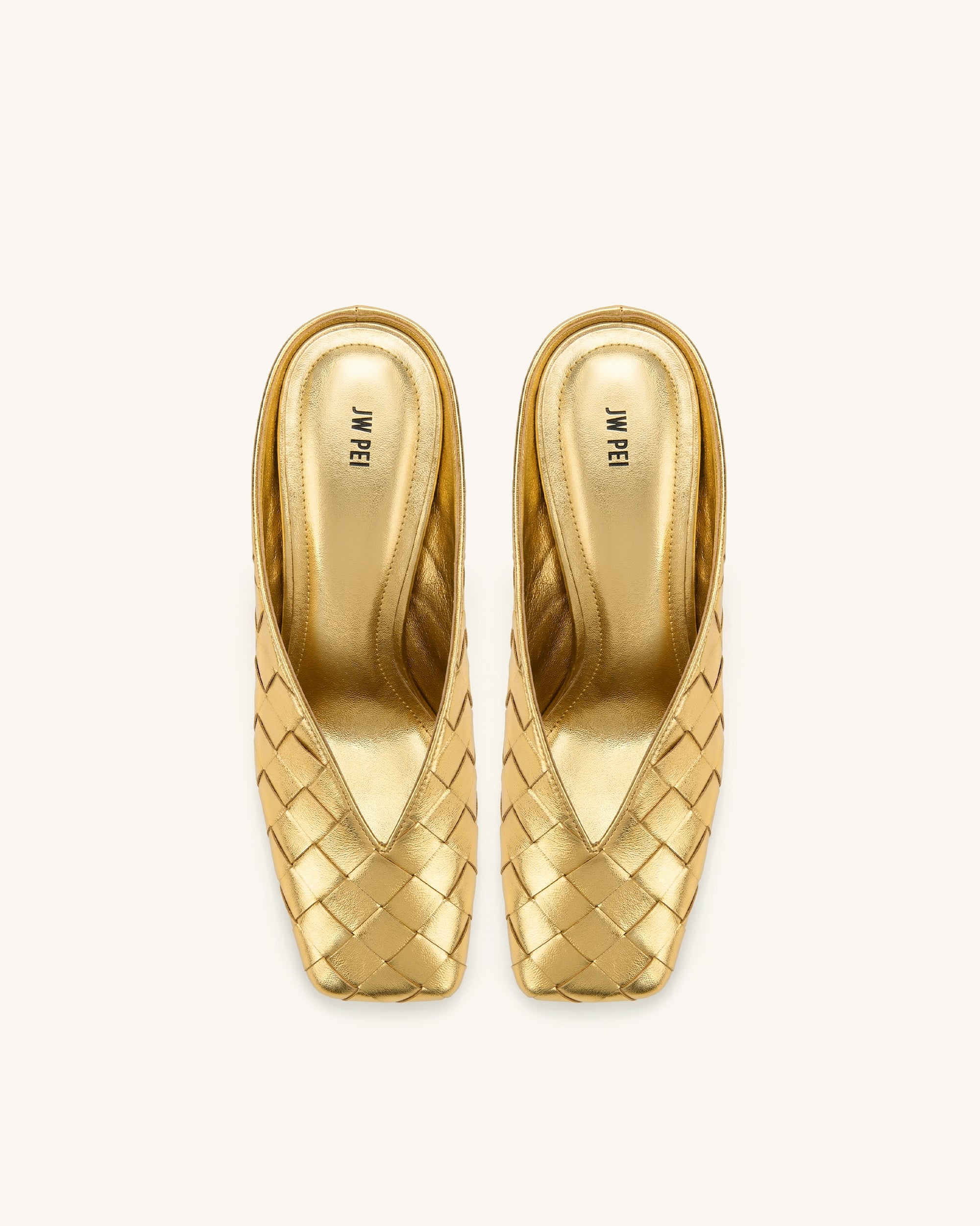 Ellie Woven Square-Toe Mule Heels - Gold