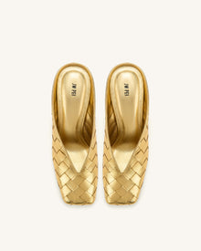 Ellie Woven Square-Toe Mule Heels - Gold