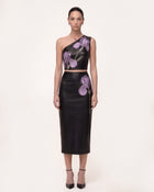 Iris Floral-Print High Waist Pencil Leather Midi Skirt - Black