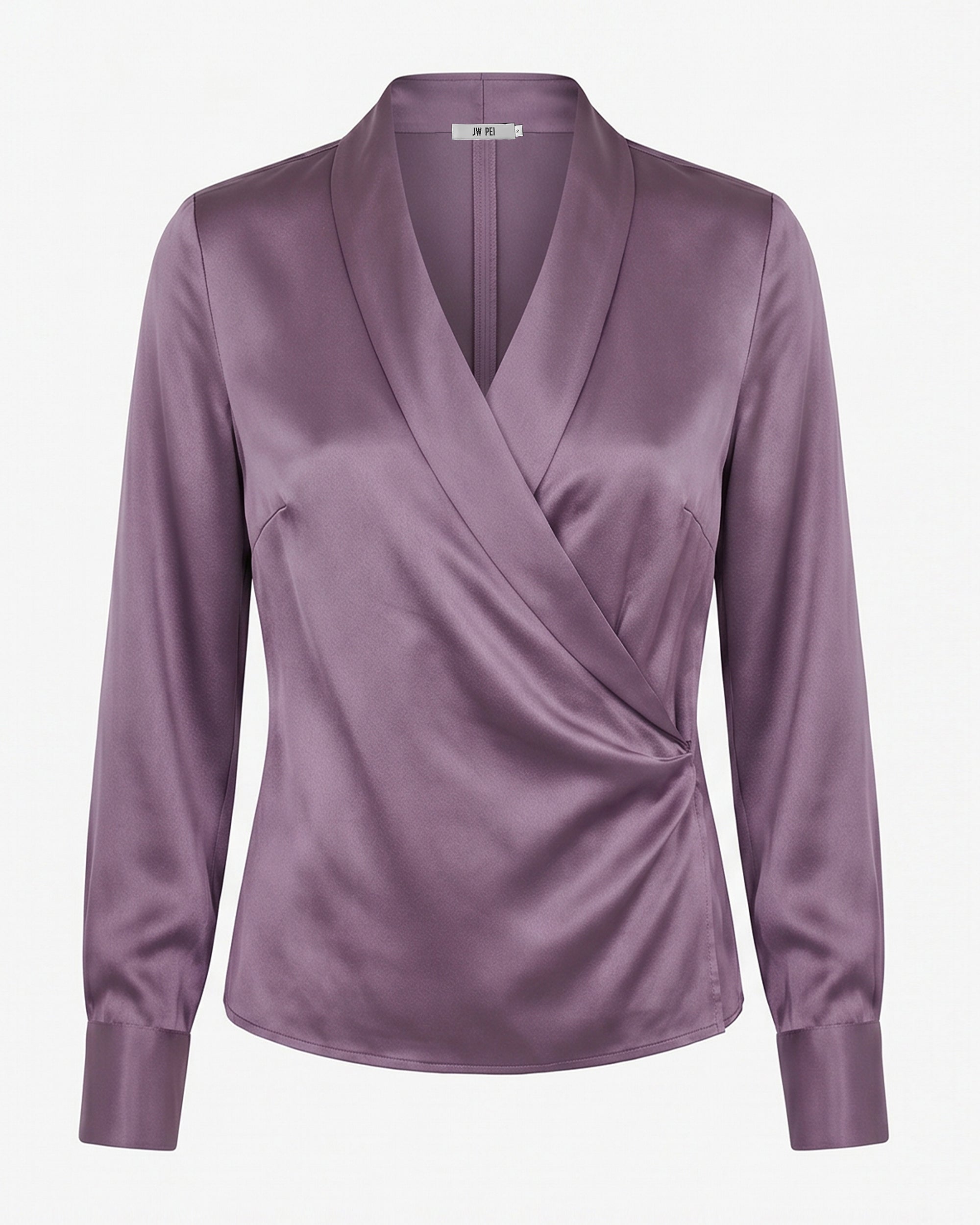 Satin Wrap V Neck Long Sleeve Blouse - Dusty Mauve | JW PEI