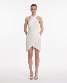 Cross Halter Asymmetric Mini Dress - Ivory