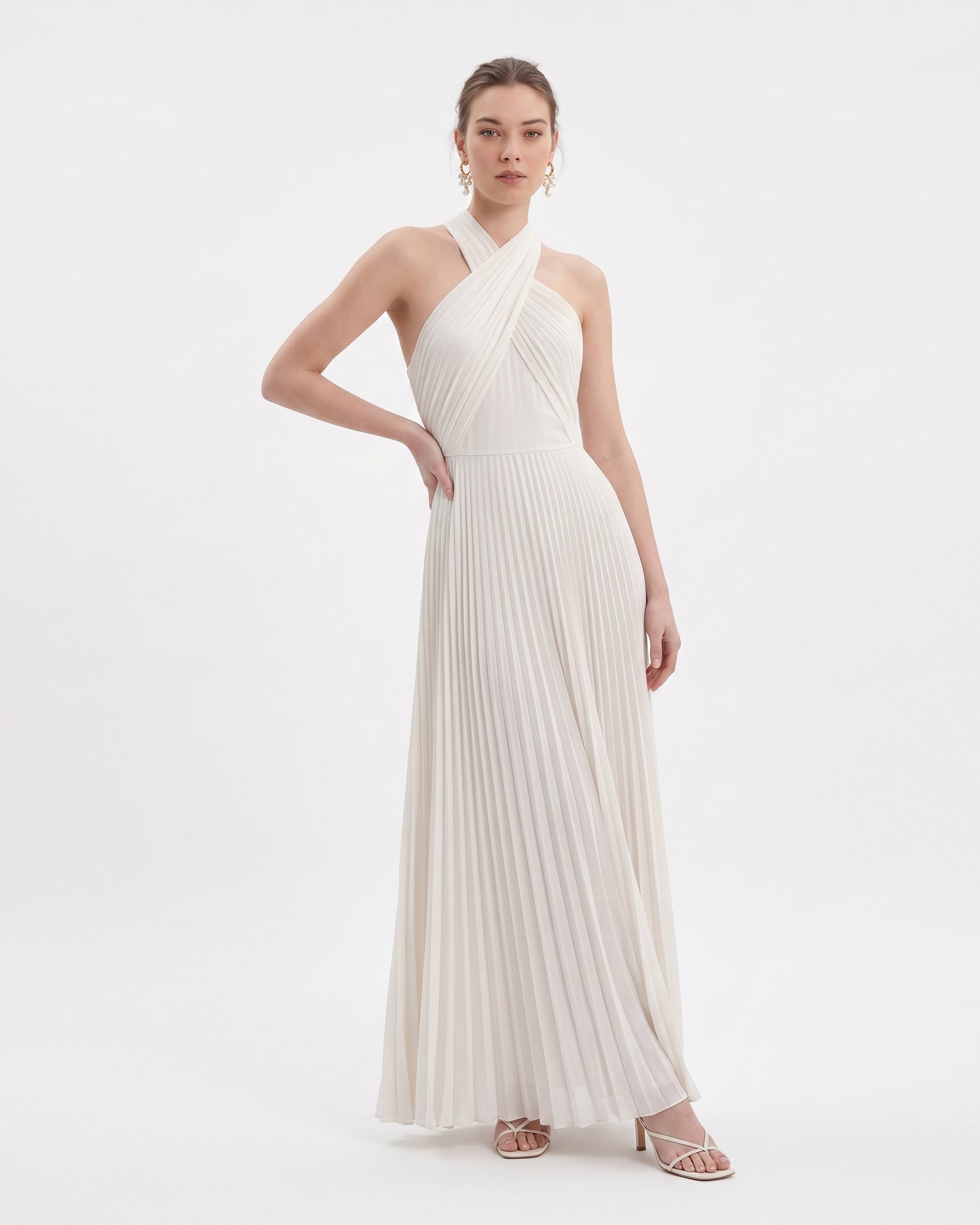 white pleated halter dress Sleeveless Long The Dress Outlet so chic Pleated Cross Halter Maxi Dress
