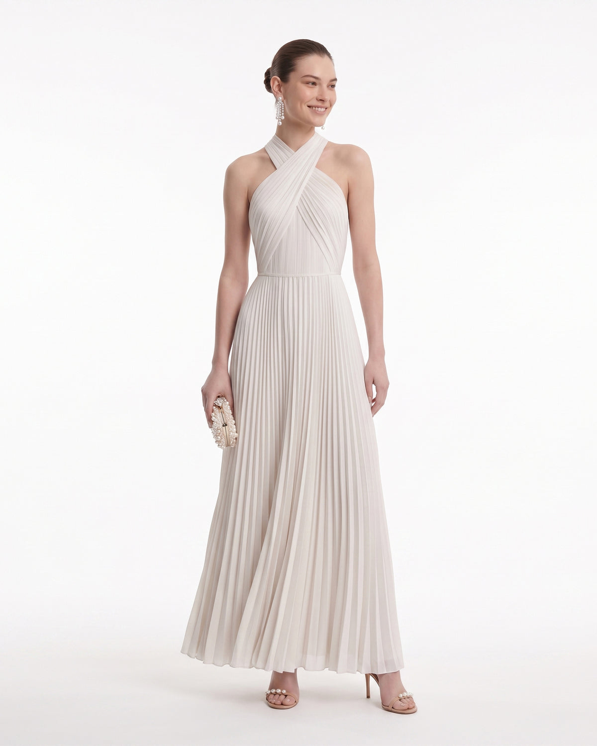 Pleated Cross Halter Maxi Dress