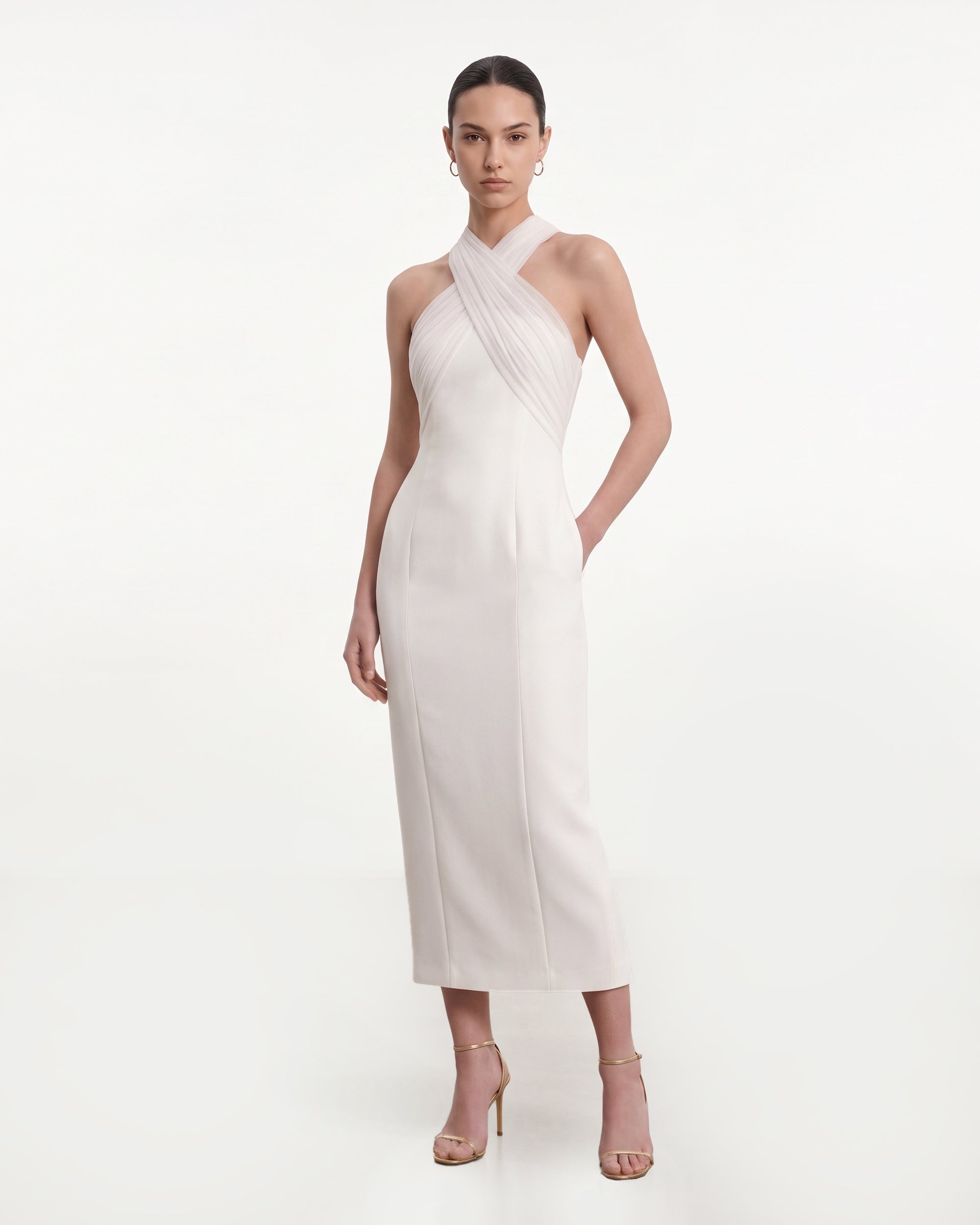 Draped Cross Halter Midi Dress - Ivory