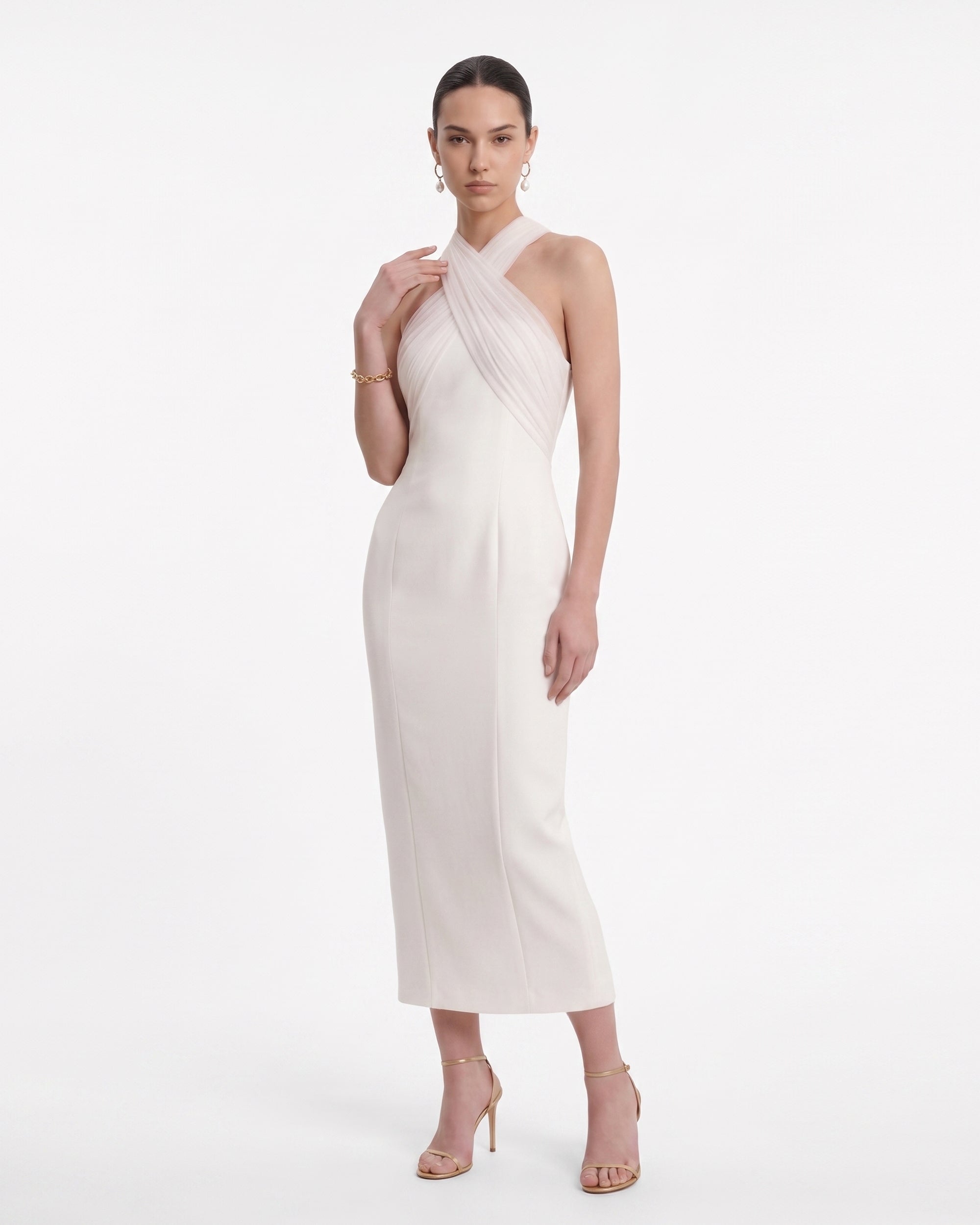 Draped Cross Halter Midi Dress - Ivory