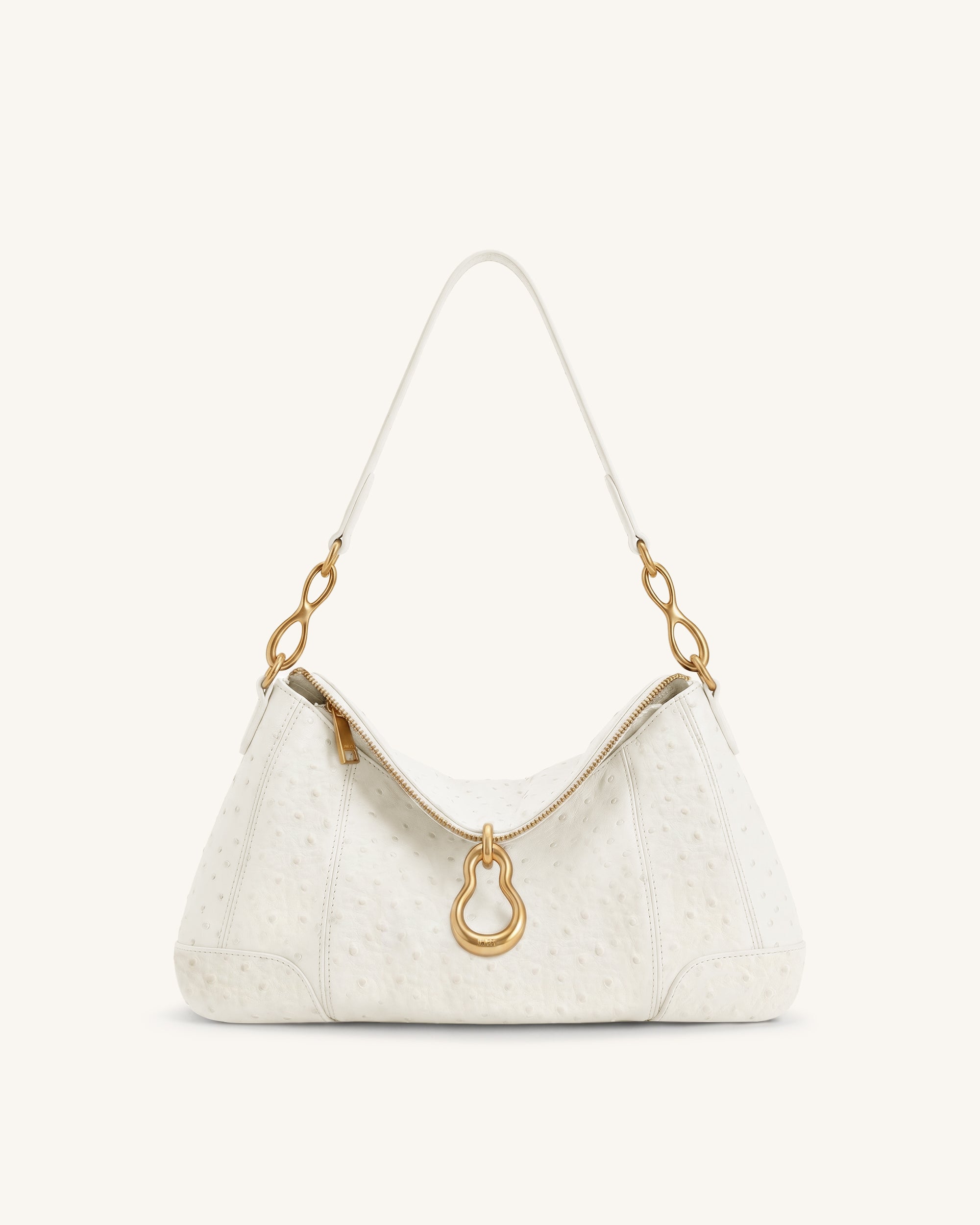 Jayla Metal Pendant Embellished Shoulder Bag - White Ostrich