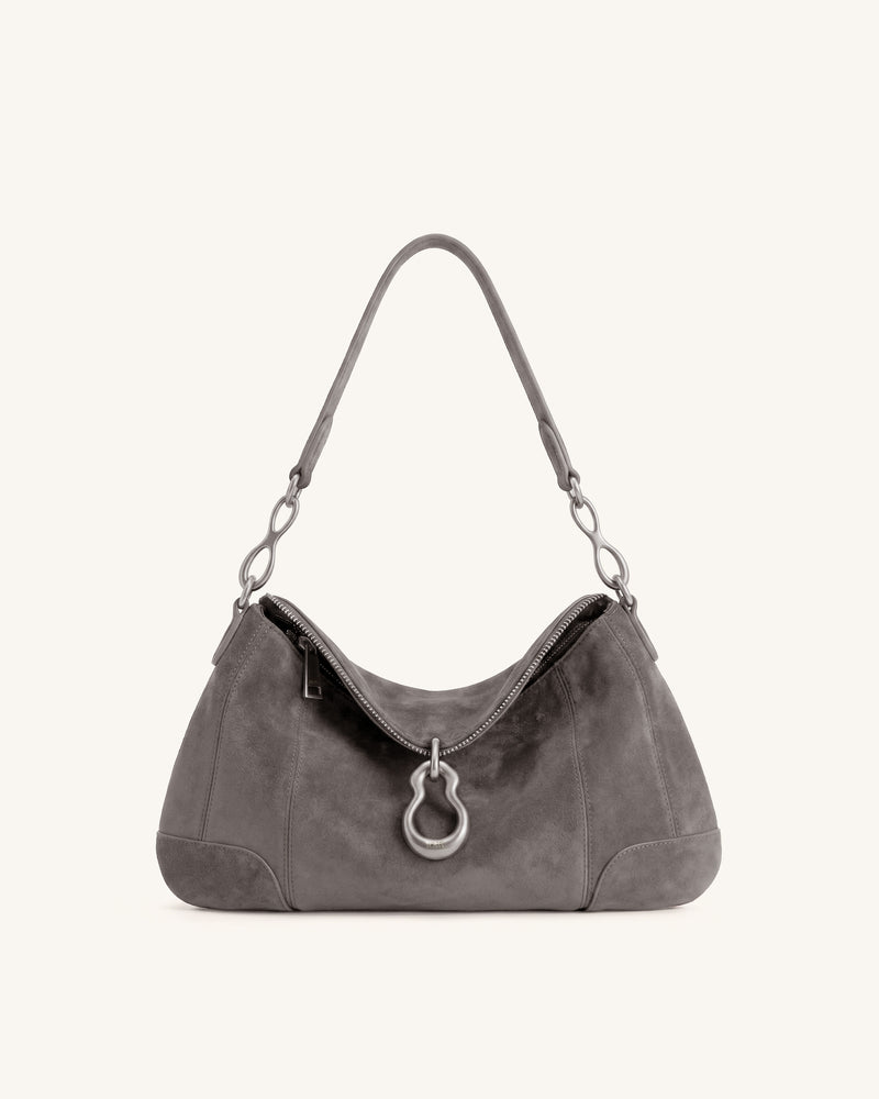Jayla Faux Suede Metal Pendant Embellished Shoulder Bag - Dark Grey