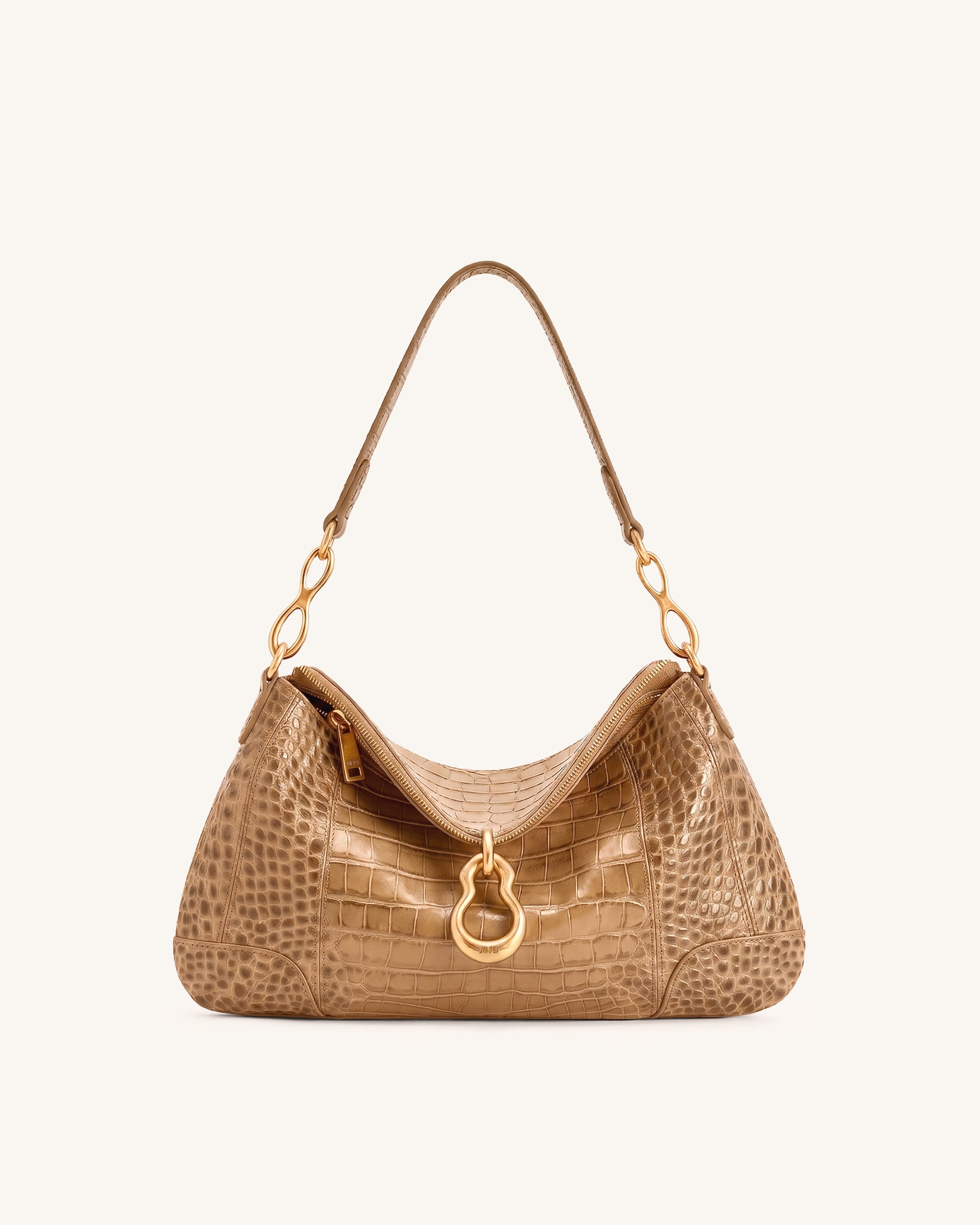 Jayla Metal Pendant Embellished Shoulder Bag - Khaki Croc