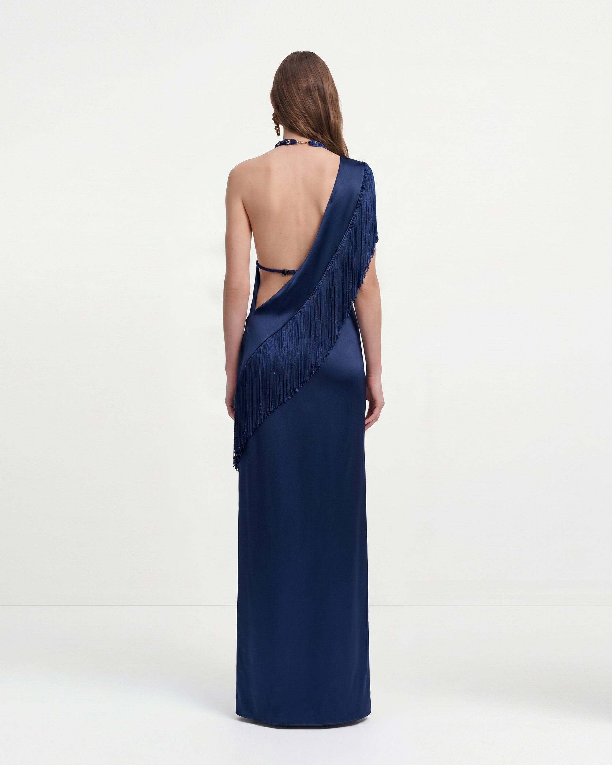 One Shoulder Fringe Satin Maxi Dress - Navy Blue | JW PEI One Shoulder Fringe Satin Maxi Dress - Navy Blue | JW PEI