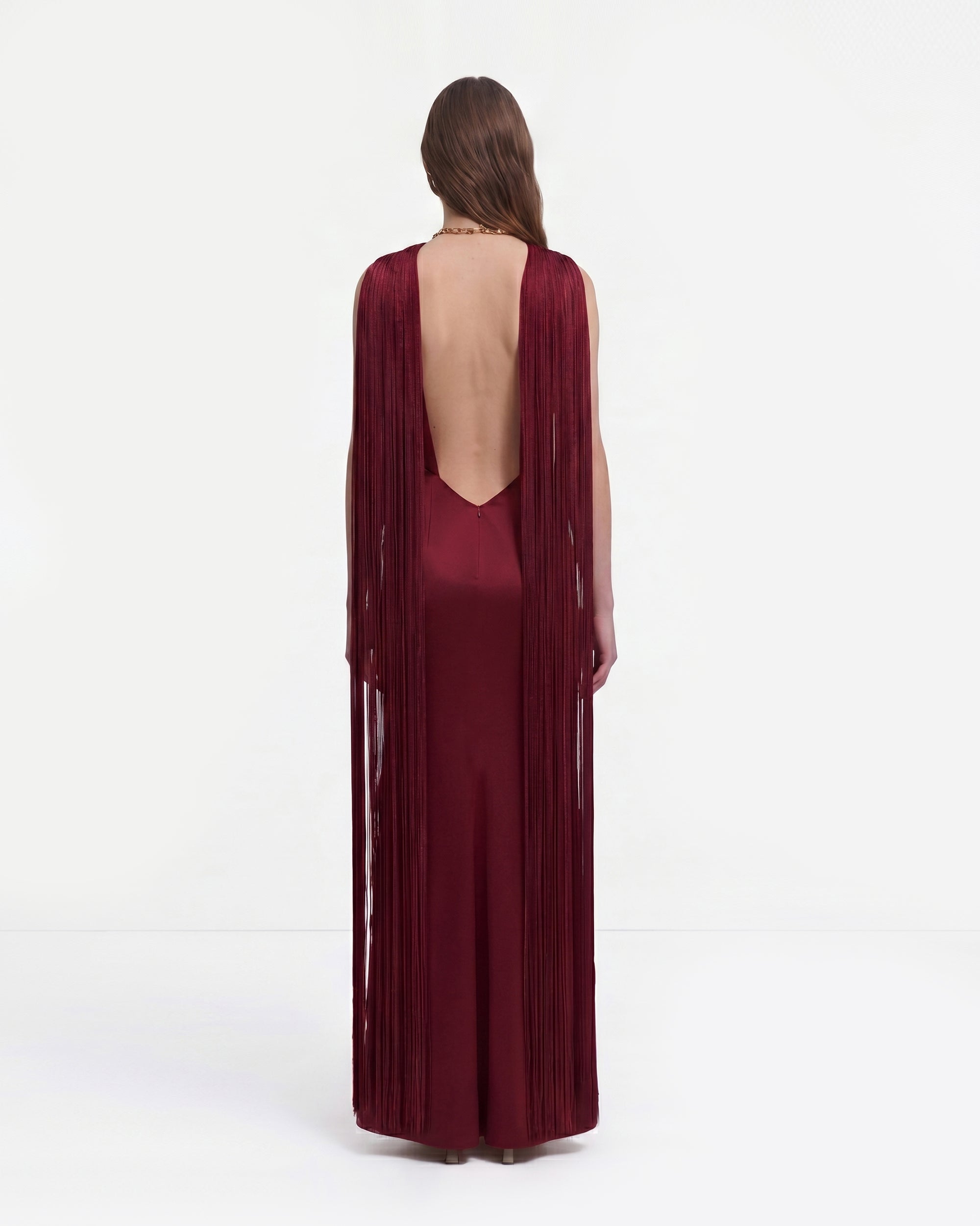 Fringe Cape Open Back Satin Maxi Dress - Wine Red | JW PEI Fringe Cape Open Back Satin Maxi Dress - Wine Red | JW PEI