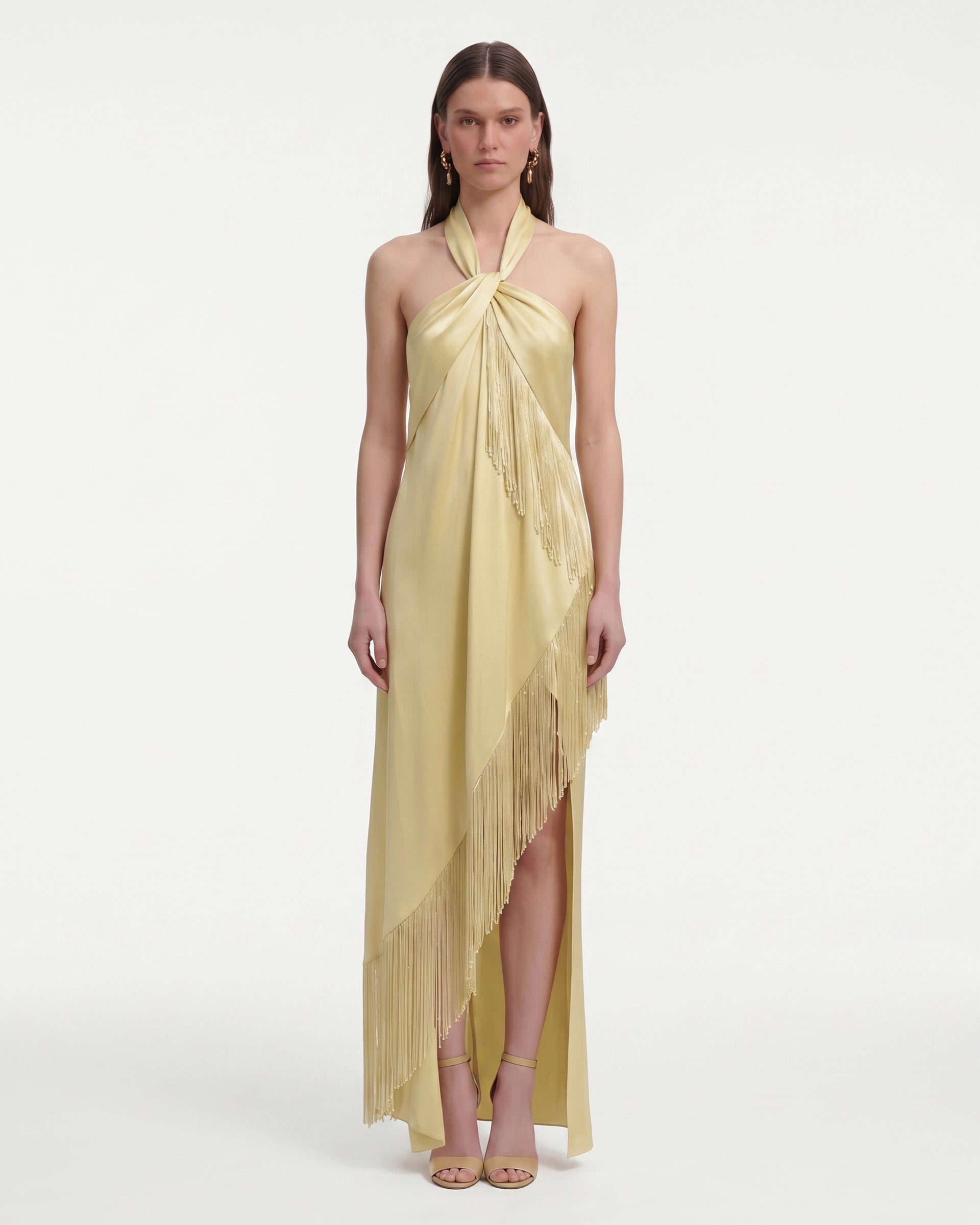 Fringe Halter Draped Satin Maxi Dress - Champagne, 8 | US