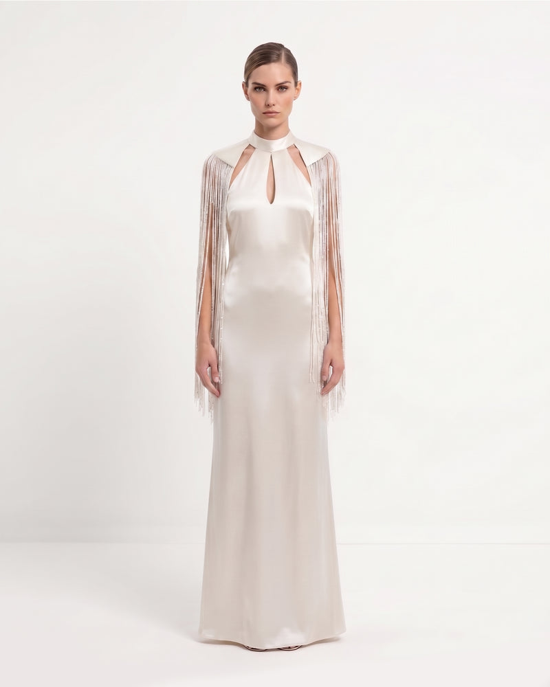 High Neck Fringe Cape Satin Maxi Dress - Ivory