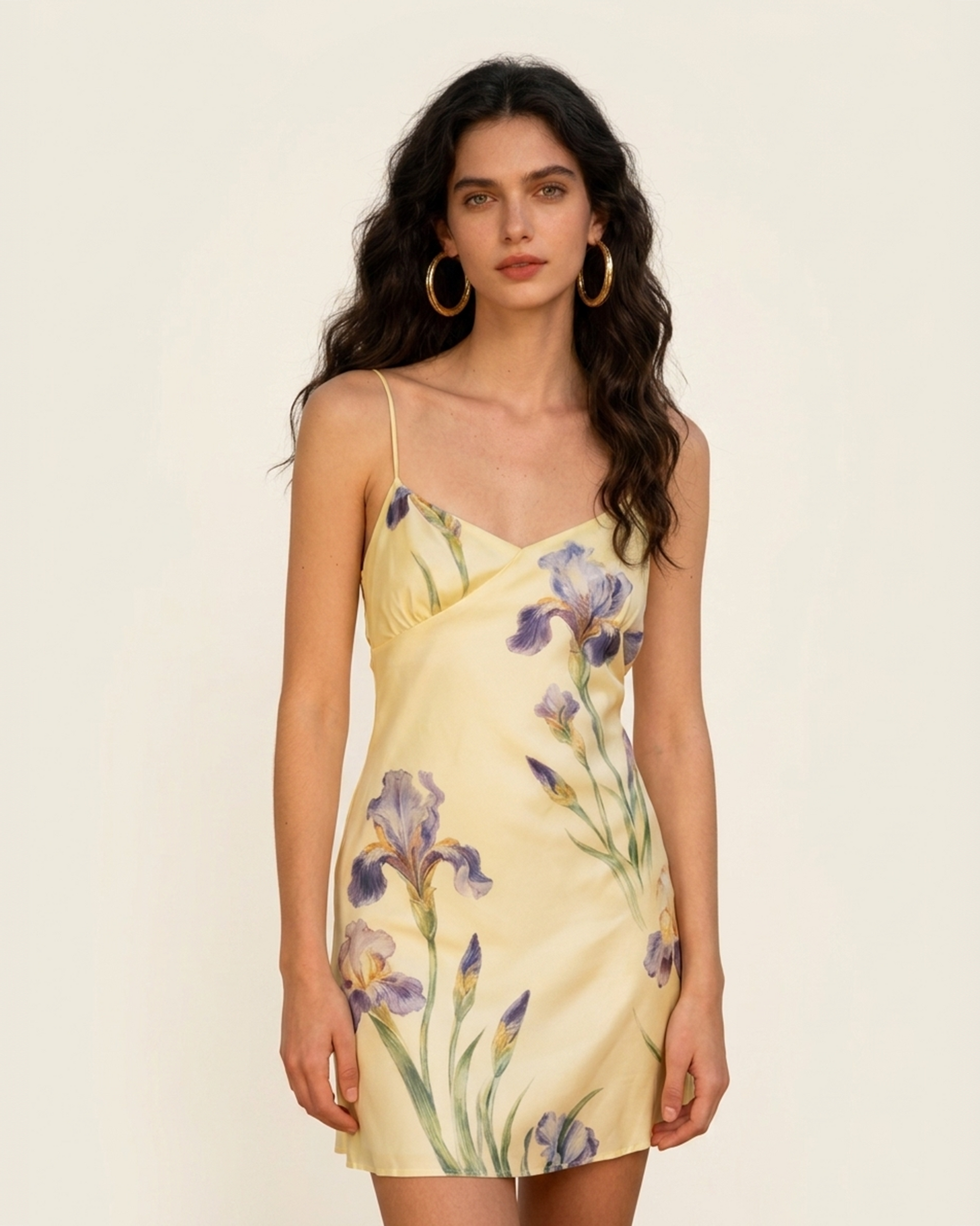 Iris Print Satin Slip Mini Dress - Soft Yellow