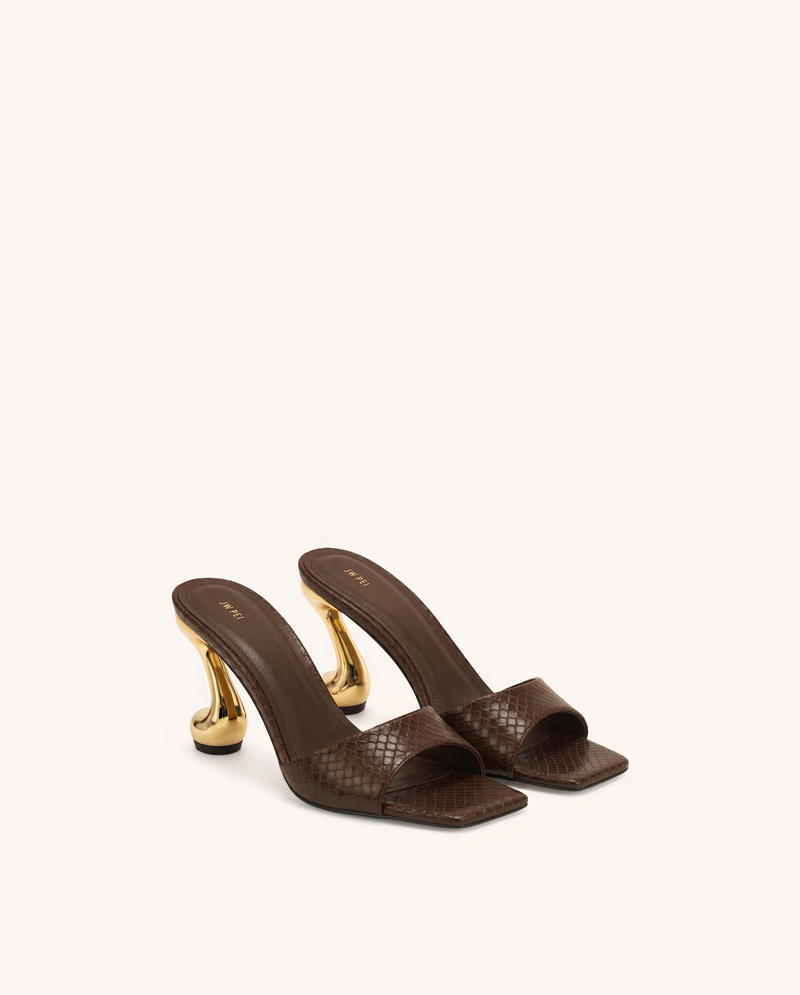Hannah Faux Snakeskin Heel Mules - Brown