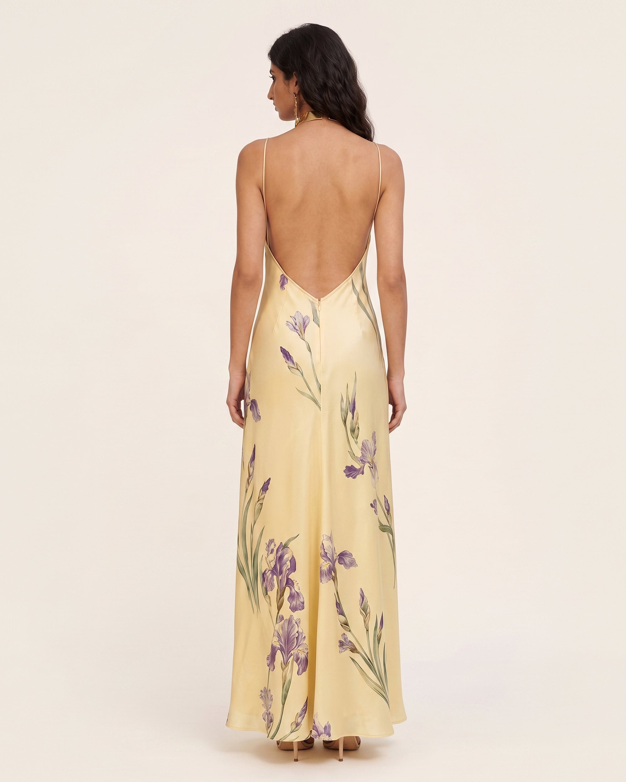 Iris Print Cross-Halter Open-Back Maxi Dress - Yellow 6